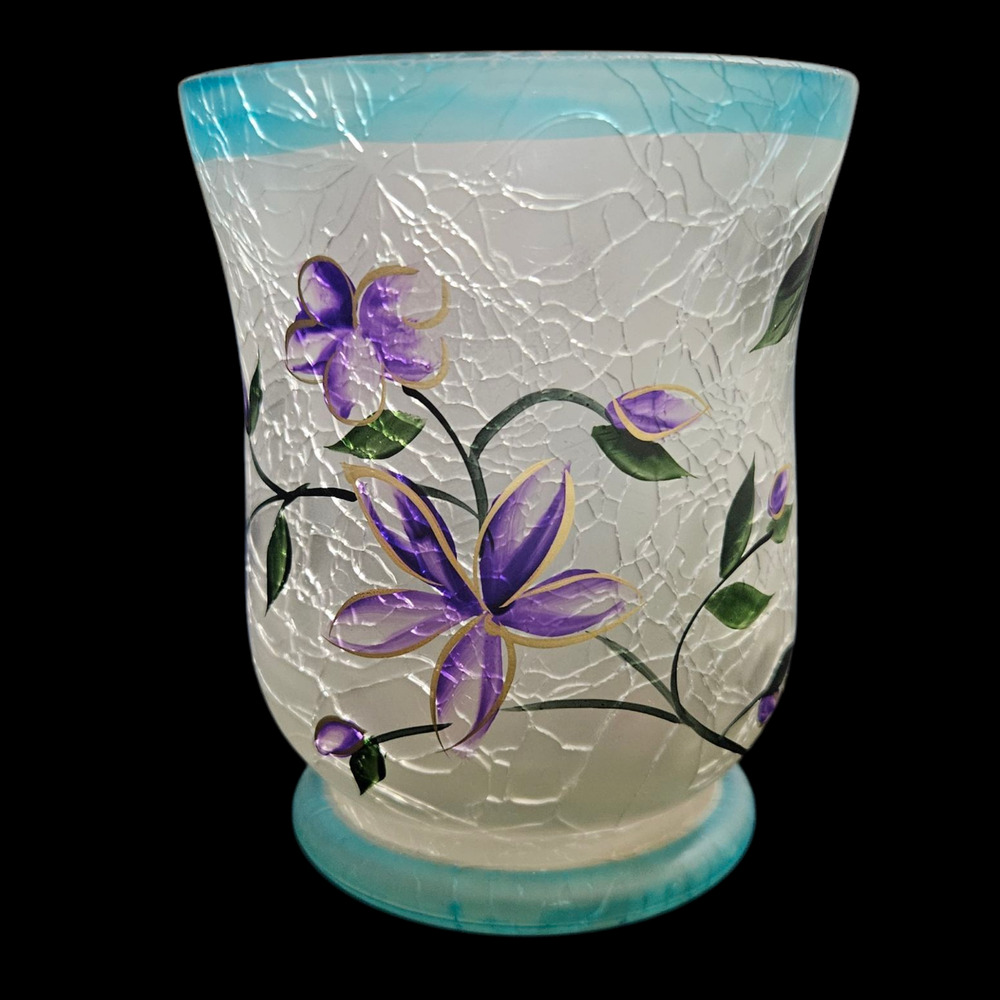 Hand Painted Crackle Glass Floral Votive Candle Holder Blue Rim